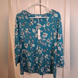 Nwt Chico's Teal Floral V-Neck Women’s Top Size 2 Large